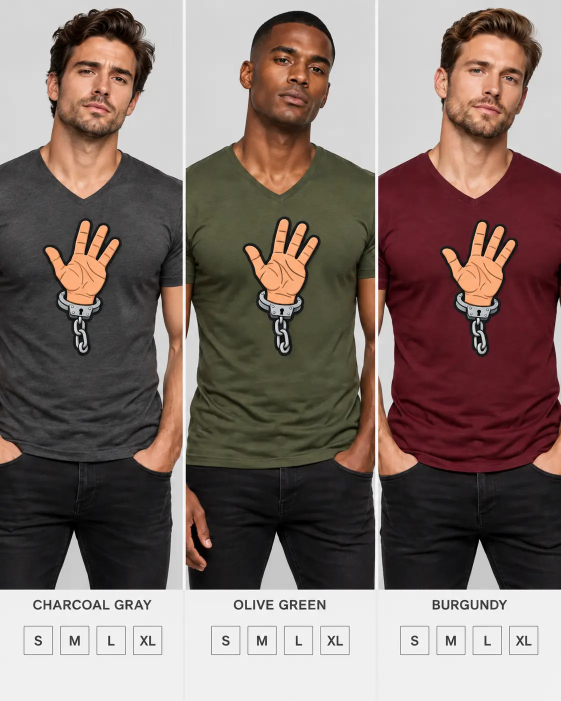 Camisetas masculinas cinza, verde-oliva e vinho