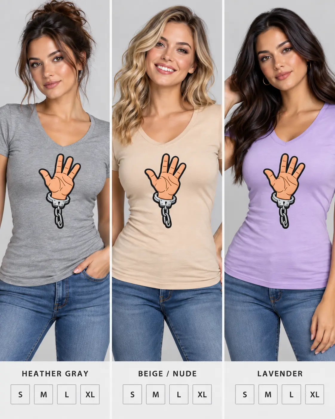 Camisetas femininas cinza, bege e lavanda